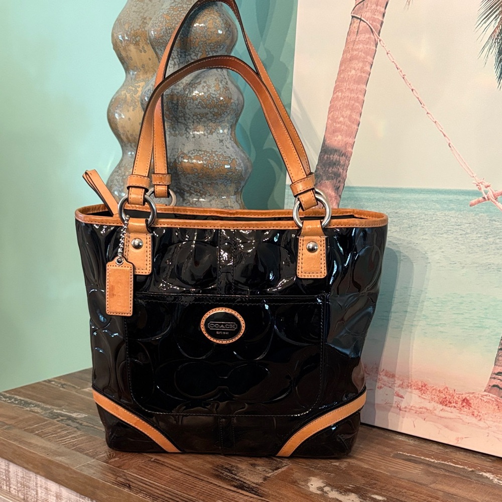 Coach Black Patent Leather Tote with Tan Trim beautiful